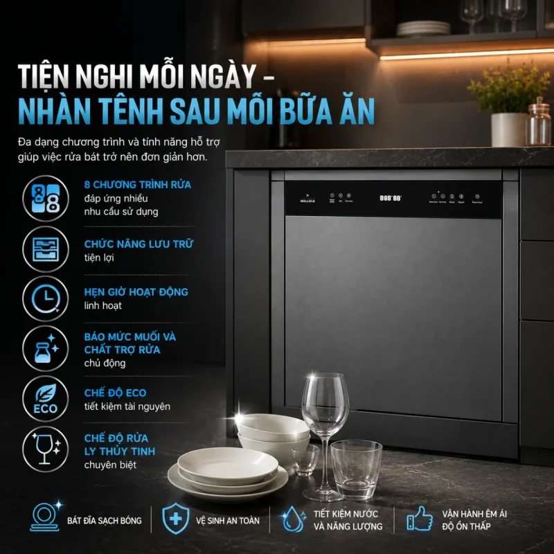 MÁY RỬA CHÉN BÁT ÂM TỦ MALLOCA MDW157SI