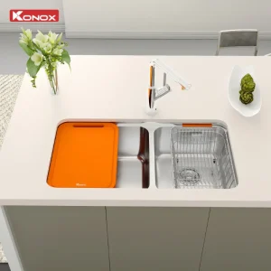 Chậu rửa bát lắp âm 2 hố lệch R50 Konox Tari 8246DU
