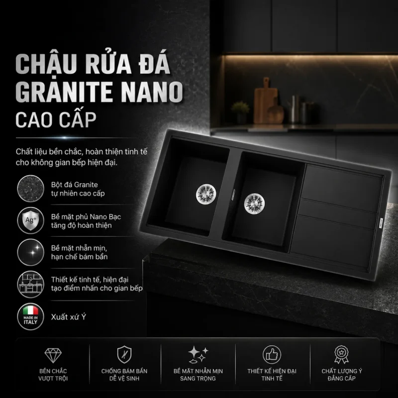 CHẬU RỬA CHÉN ĐÁ GRANITE MALLOCA BLACK K50086