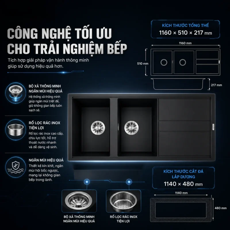 CHẬU RỬA CHÉN ĐÁ GRANITE MALLOCA BLACK K50086